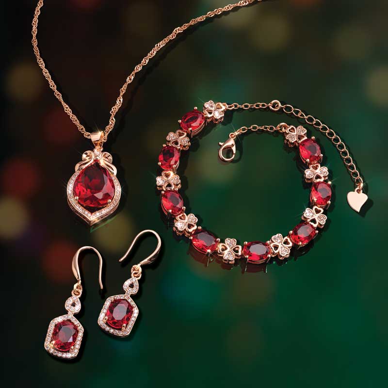 Red and White Quatrefoil Necklace, Bracelet & Earrings
